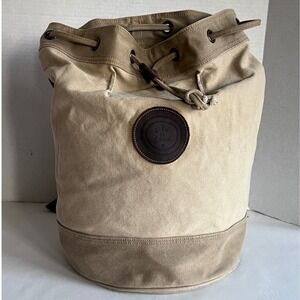 Life is Good Canvas Bucket Backpack Khaki Cotton Leather Trim Drawstring Bag